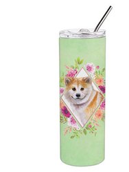 CK4343TBL20 Shiba Inu Green Flowers Double Walled Stainless Steel Skinny Tumbler