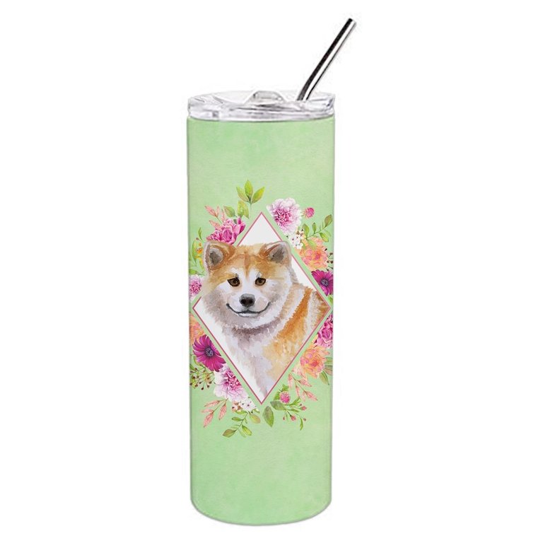 CK4343TBL20 Shiba Inu Green Flowers Double Walled Stainless Steel Skinny Tumbler