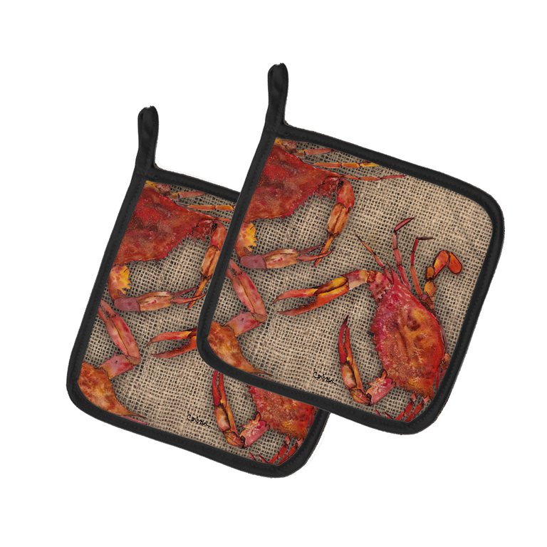 Cooked Crabs on Faux Burlap Pair of Pot Holders