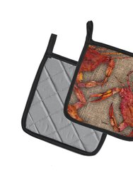 Cooked Crabs on Faux Burlap Pair of Pot Holders