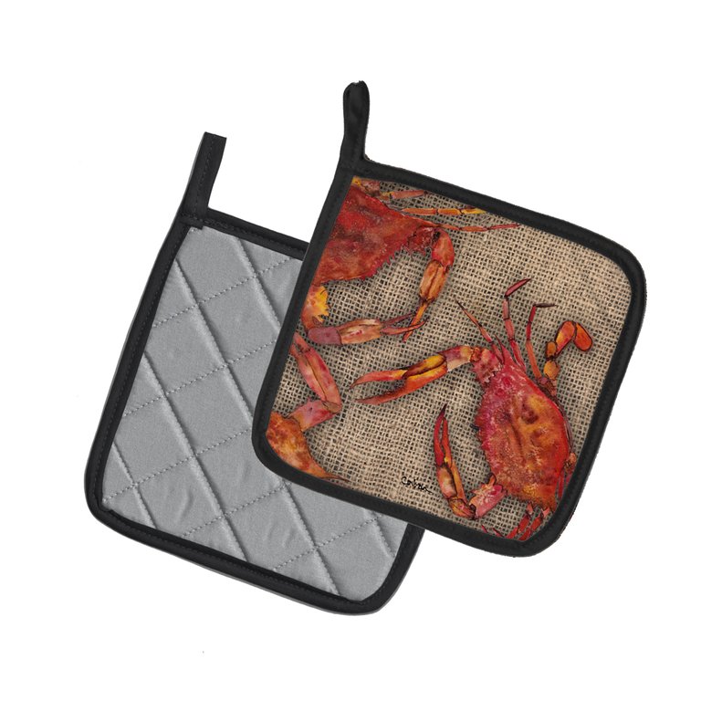 Cooked Crabs on Faux Burlap Pair of Pot Holders