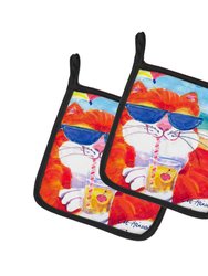 Cool Cat with Sunglasses at the beach Pair of Pot Holders