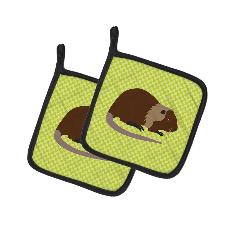 Coypu Nutria River Rat Green Pair of Pot Holders