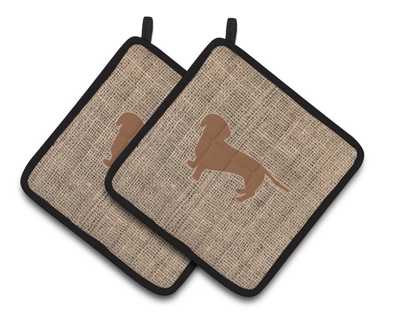 Dachshund Burlap and Brown BB1088 Pair of Pot Holders