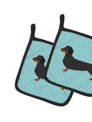 Dachshund  Checkerboard Blue Pair of Pot Holders