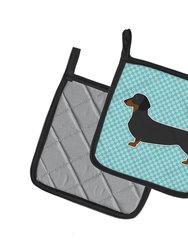 Dachshund  Checkerboard Blue Pair of Pot Holders