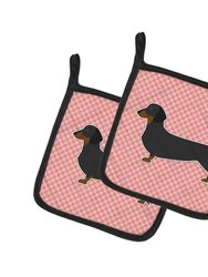 Dachshund Checkerboard Pink Pair of Pot Holders