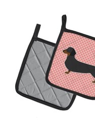 Dachshund Checkerboard Pink Pair of Pot Holders