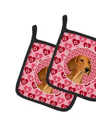 Dachshund Hearts Love and Valentine's Day Portrait Pair of Pot Holders