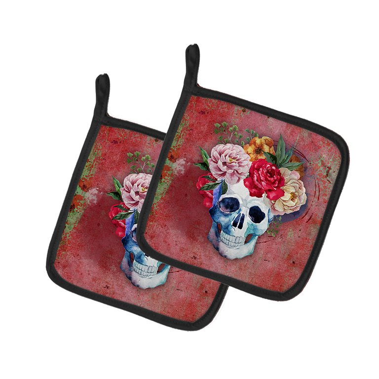 Day of the Dead Red Flowers Skull  Pair of Pot Holders - Red