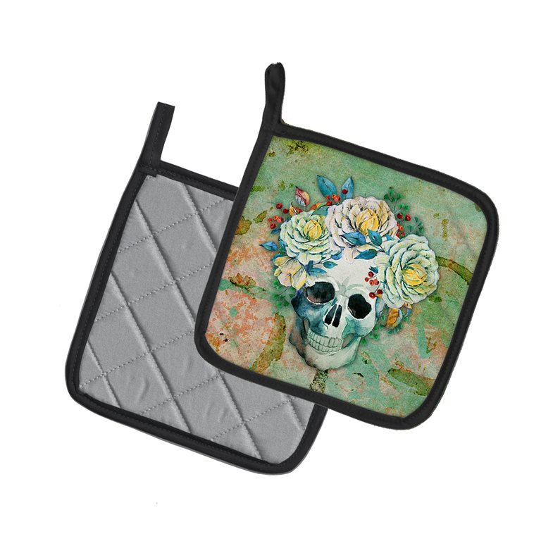 Day of the Dead Skull with Flowers Pair of Pot Holders