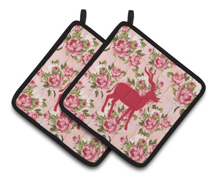 Deer Shabby Chic Pink Roses  Pair of Pot Holders