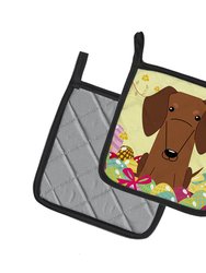 Easter Eggs Dachshund Red Brown Pair of Pot Holders