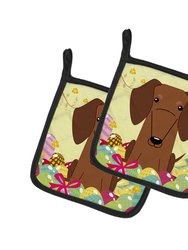 Easter Eggs Dachshund Red Brown Pair of Pot Holders