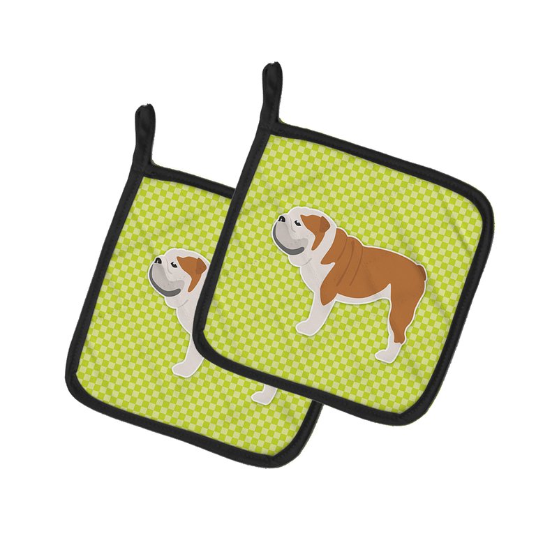 English Bulldog Checkerboard Green Pair of Pot Holders