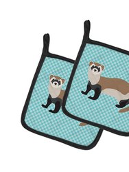 Ferret Blue Check Pair of Pot Holders