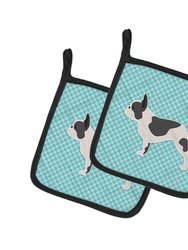 French Bulldog Checkerboard Blue Pair of Pot Holders