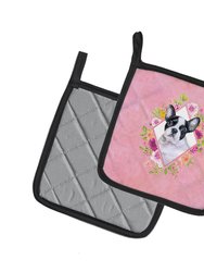 French Bulldog Pink Flowers Pair of Pot Holders