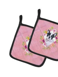 French Bulldog Pink Flowers Pair of Pot Holders