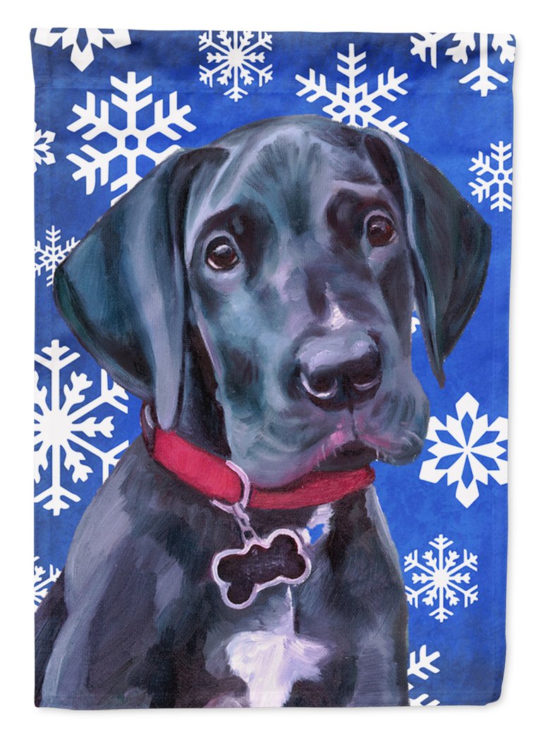 Great Dane Puppy Winter Snowflakes Holiday Garden Flag 2-Sided 2-Ply - Black