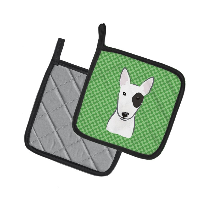 Green Checkered Bull Terrier Pair of Pot Holders