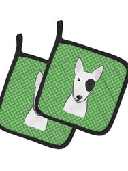 Green Checkered Bull Terrier Pair of Pot Holders