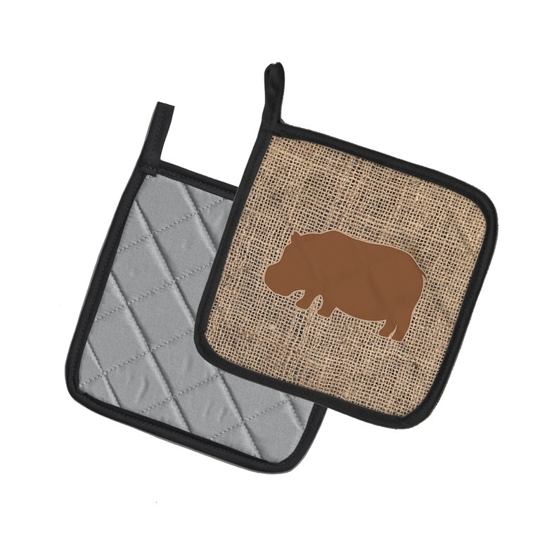 Hippopotamus Burlap and Brown BB1130 Pair of Pot Holders