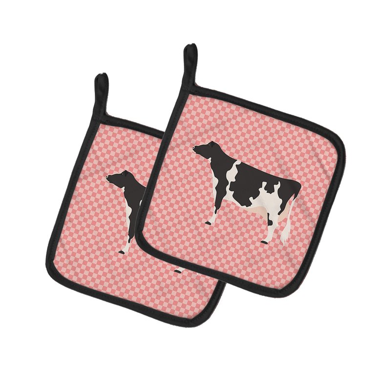 Holstein Cow Pink Check Pair of Pot Holders