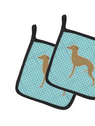 Italian Greyhound Checkerboard Blue Pair of Pot Holders