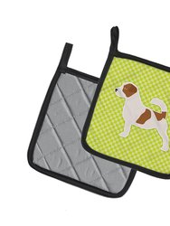 Jack Russell Terrier Checkerboard Green Pair of Pot Holders