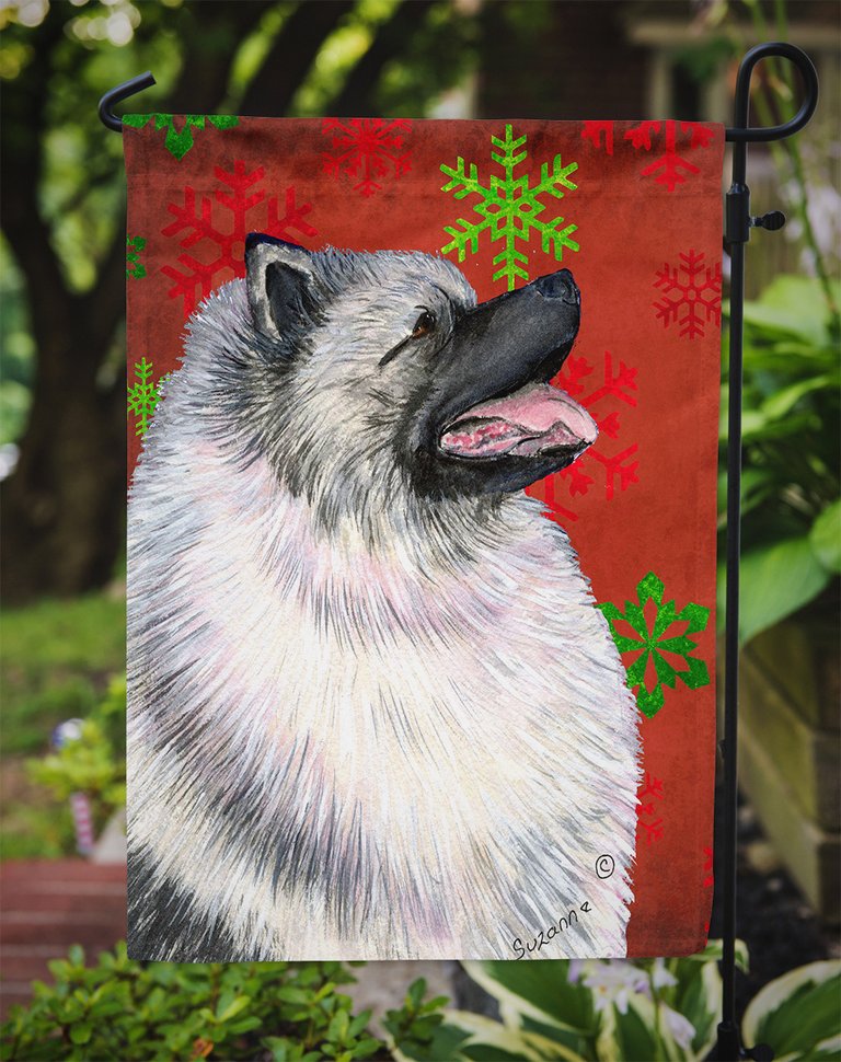 Keeshond Red And Green Snowflakes Holiday Christmas Garden Flag 2-Sided 2-Ply