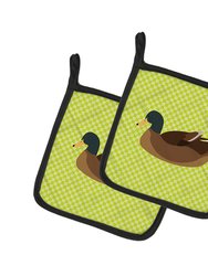 Khaki Campbell Duck Green Pair of Pot Holders