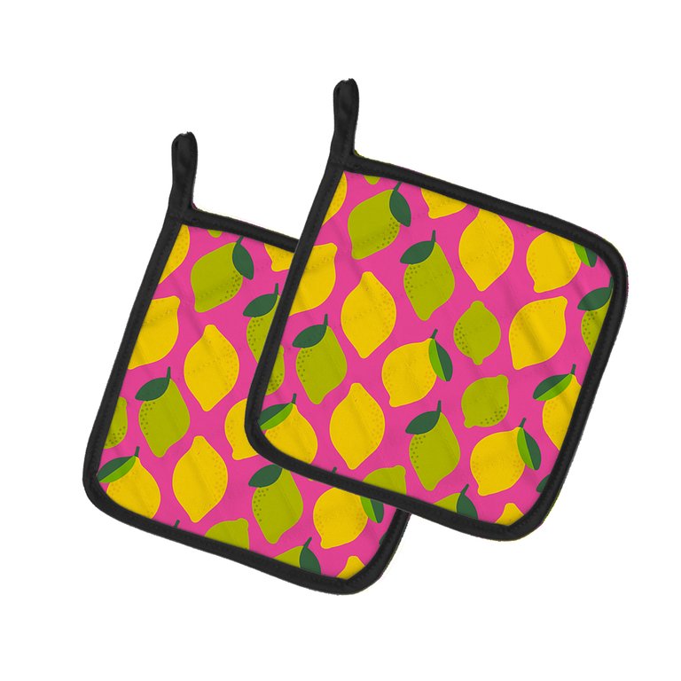 Lemons and Limes on Pink Pair of Pot Holders