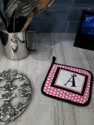 Letter A Monogram - Pink Black Polka Dots Pair of Pot Holders