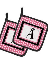 Letter A Monogram - Pink Black Polka Dots Pair of Pot Holders