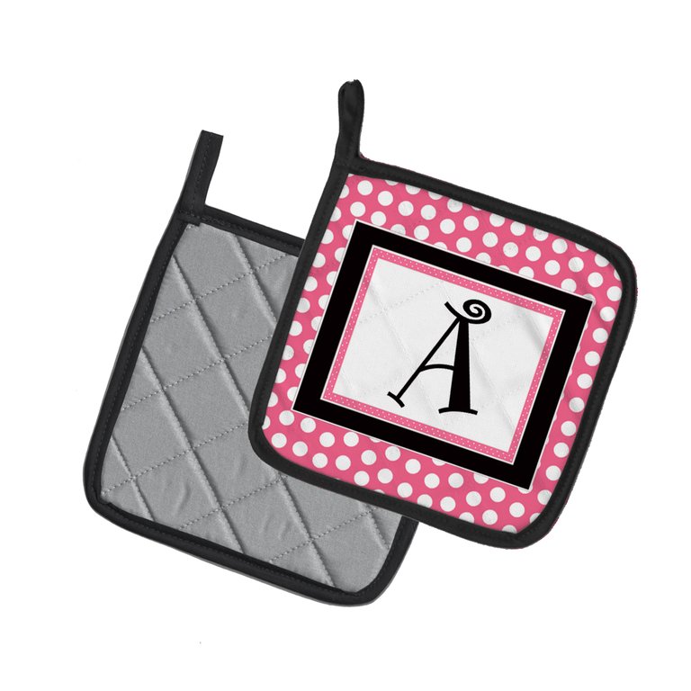 Letter A Monogram - Pink Black Polka Dots Pair of Pot Holders