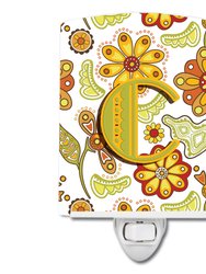 Letter C Floral Mustard and Green Ceramic Night Light