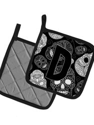 Letter D Day of the Dead Skulls Black Pair of Pot Holders