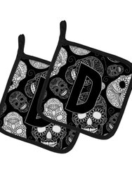 Letter D Day of the Dead Skulls Black Pair of Pot Holders