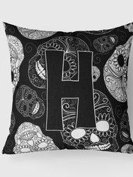 Letter H Day of the Dead Skulls Black Fabric Decorative Pillow
