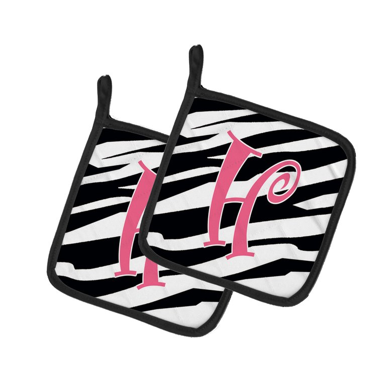 Letter H Initial  Zebra Stripe and Pink Pair of Pot Holders