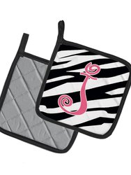 Letter J Initial Zebra Stripe and Pink Pair of Pot Holders