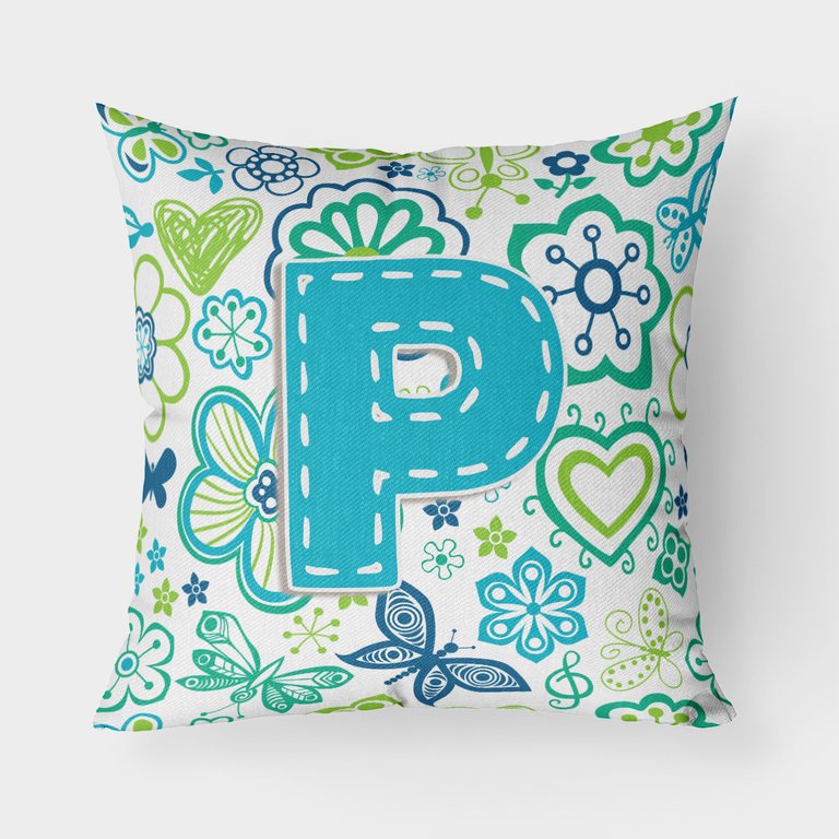 Letter P Flowers and Butterflies Teal Blue Fabric Decorative Pillow