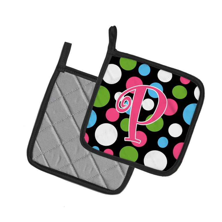 Letter P Initial Monogram - Polkadots and Pink Pair of Pot Holders