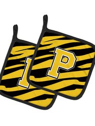 Letter P Initial Tiger Stripe - Black Gold  Pair of Pot Holders