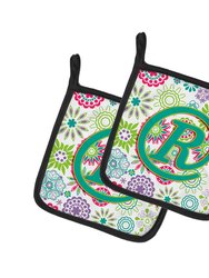 Letter R Flowers Pink Teal Green Initial Pair of Pot Holders