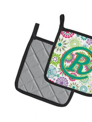 Letter R Flowers Pink Teal Green Initial Pair of Pot Holders