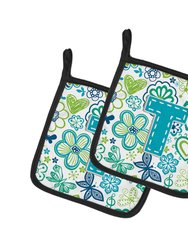 Letter T Flowers and Butterflies Teal Blue Pair of Pot Holders