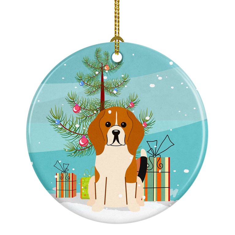 Merry Christmas Tree Beagle Tricolor Ceramic Ornament