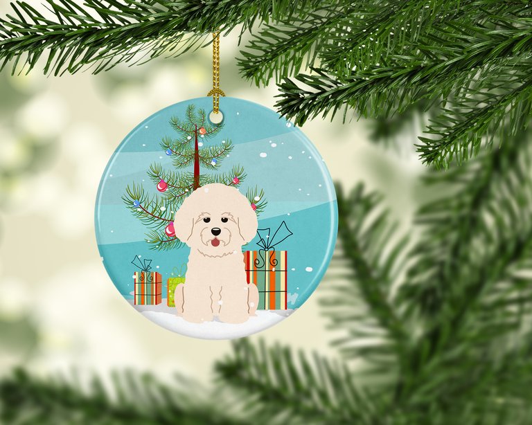 Merry Christmas Tree Bichon Frise Ceramic Ornament